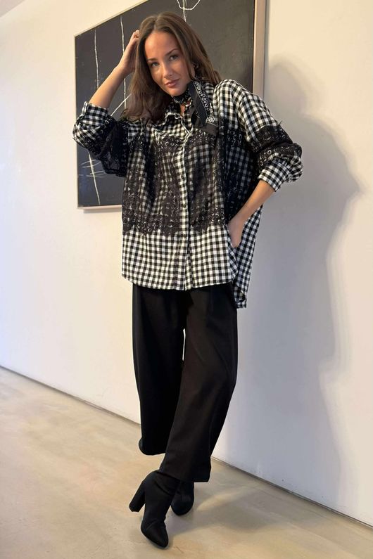 Zeta Otto Brushed Cotton Gingham Lace Shirt Mono /7=